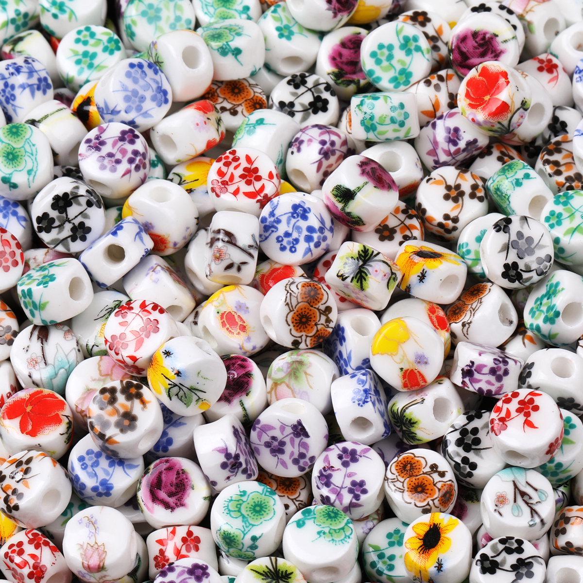 20pcs Random Color Flat Round Printed Flower Ceramic Beads